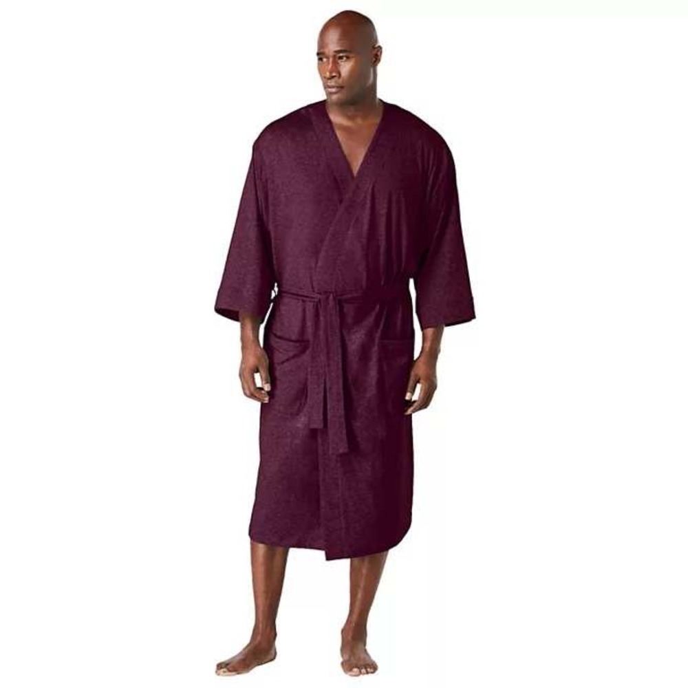 KingSize Cotton Jersey Robe Men 2XL/3XL Burgundy Big & Tall Minimal Kimono